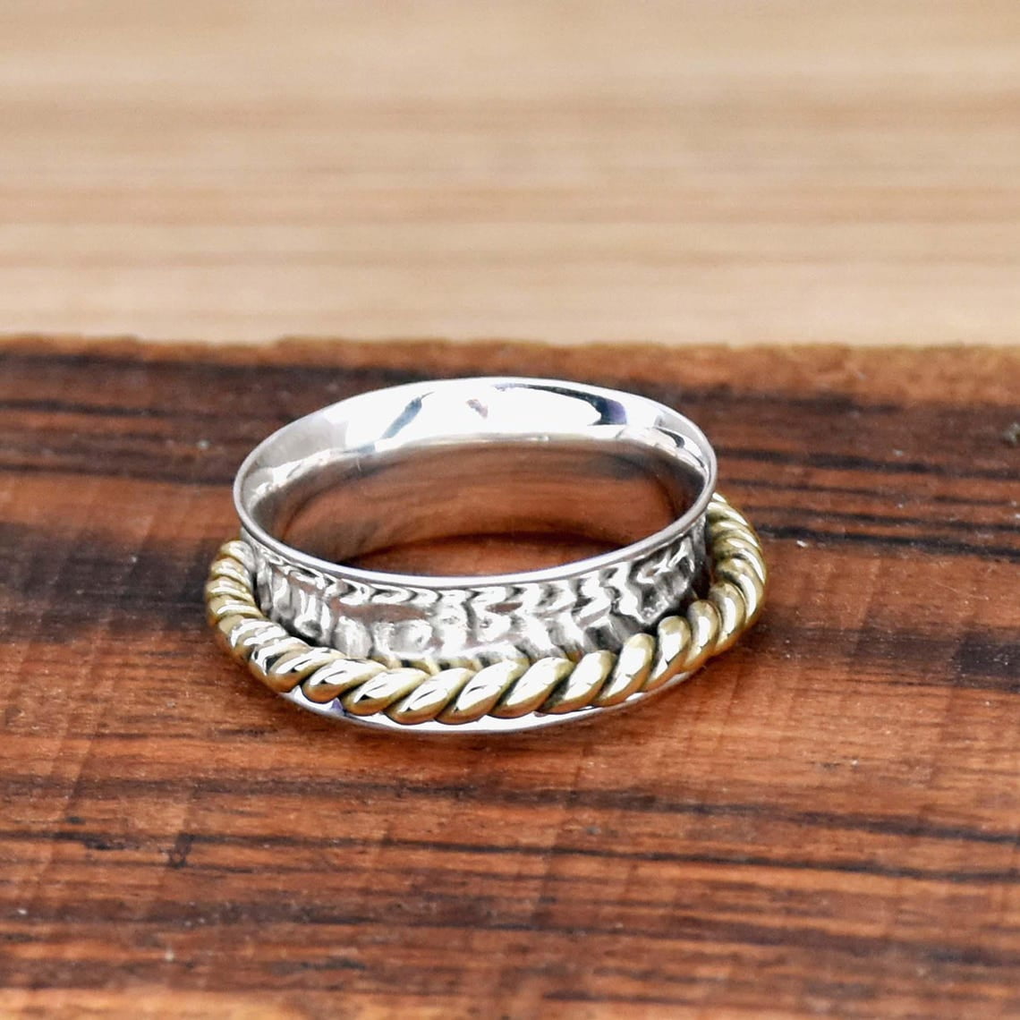 SS DESIGNS Spinner Ring 925 Sterling Silver Narrow Band Twisted Two Tone Rope Design Meditation Anxiety Relief Jewelry Fidget Spinner Band