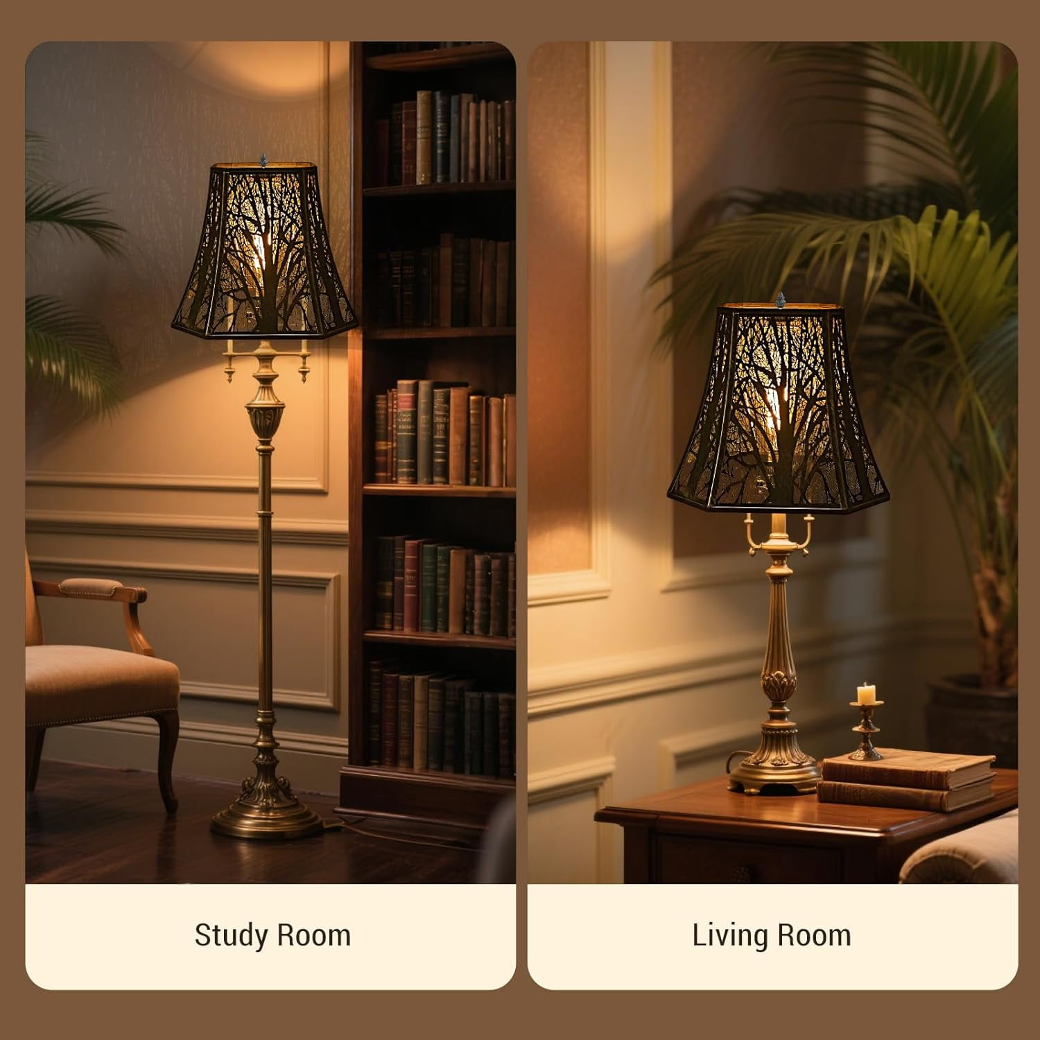 Square Cut Corner Metal Lamp Shades For Table Lamp, SWAIFDEE Medium Bell Lampshade For Floor Lamp Shade(Spider Fitter) 7" x 12"x 10.5" H , Bronze Gold Tree Pattern