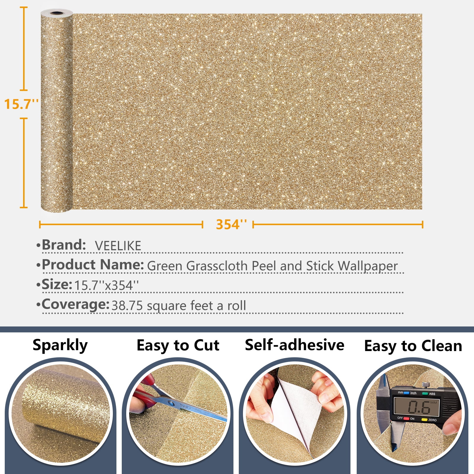 VaryPaper 15.7''x78.7'' Champagne Gold Chunky Glitter Wallpaper Stick and  Peel Sparkle Sequin Glitter Contact Paper for Walls Self Adhesive Glitter