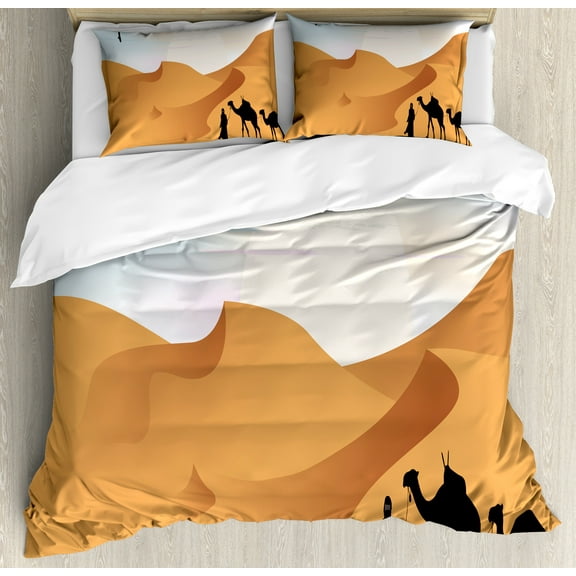 Dune Duvet Cover Set, Camels and Man Silhouette in the Desert Sandy Hills and Sun Beaming, Decorative 3 Piece Bedding Set with 2 Pillow Shams, Calking Size, Persian Orange Pale Blue, by Ambesonne