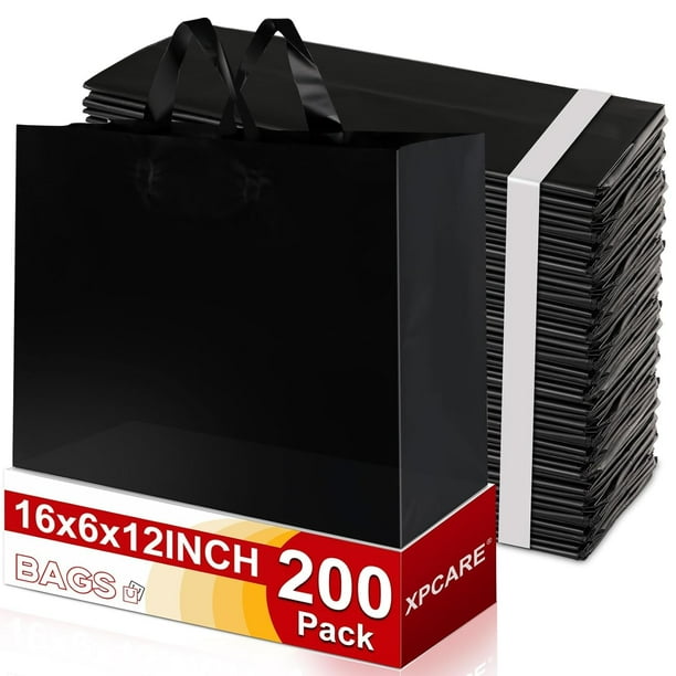Bolsas de regalo de plástico XPCARE, paquete de 200 unidades, 16 x 15 x 30 cm, con asas, negras