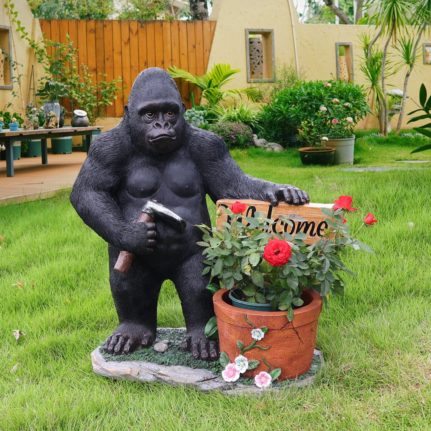 Aukfa Gorilla Garden Statue with Planter and Welcome Sign, Resin Outdoor Animal Sculpture with Built-In Flower Pot for Patio, Lawn, Porch, Entryway, Backyard Decor (Standing)