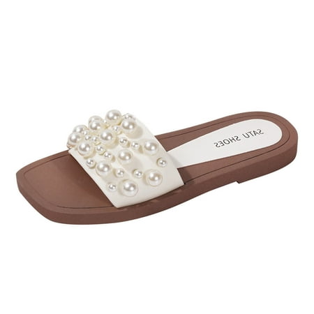 

Mackneog Women Slippers Pearl Slippers All Match Casual Pearl Non Slip Beach Sandals Gift on Clearance