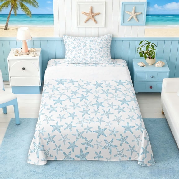 Manfei Watercolor Blue Starfish Twin Sheet Sets for Kids Boys and Girls, Cartoon Sealife Bedding 3-Piece, 1 Flat Sheet, 1 Fitted Sheet and 1 Pillowcase
