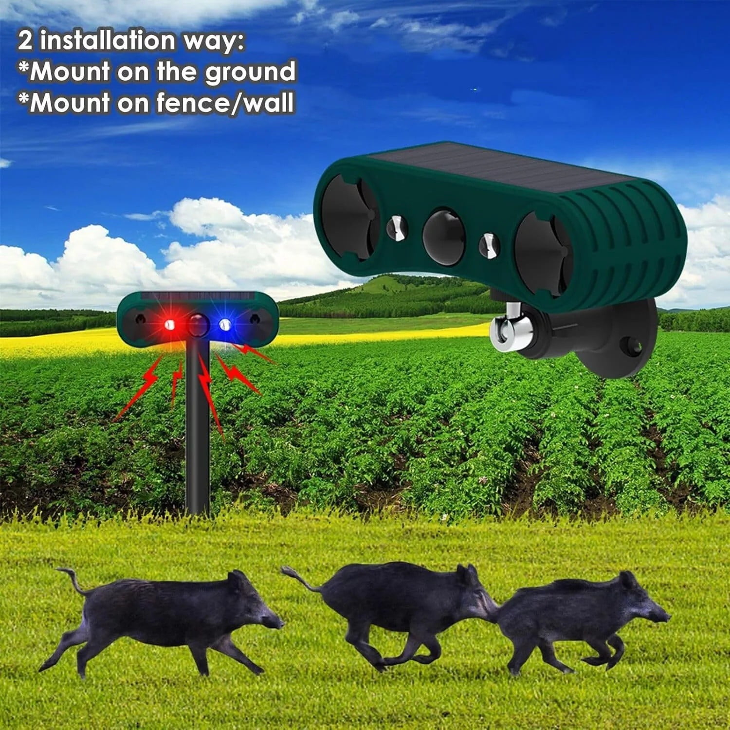 COSTYLE Solar Outdoor Motion Sensor Alarm, 2*130db Loud Siren Noise Maker, 4 Modes, Mount on Ground or Fence, Red&Blue Motion Activated Strobe Light