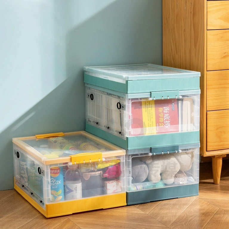 Kabb Collapsible Storage Bins with Double Side Doors, 26 L Clear Plastic  Folding Storage Boxes with Lid , Stackable Organization Cube Box with  Wheels for Cloth Toys Books Snacks Bottles(Blue) 