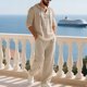 thumbnail image 1 of Ceisia Men's Loose Fit Cotton-Linen 2-Piece Set Hooded Henley Long Sleeve Shirt with Elastic Waist Wide Leg Pants Gifts, 1 of 8