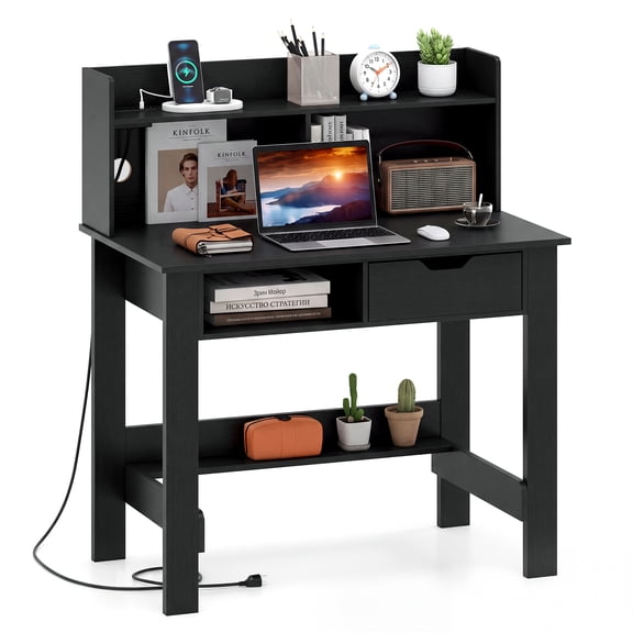 Giantex Computer Desk w/Hutch, Home Office Desk w/Power Outlets & USB Ports, Modern Laptop PC Table, Black