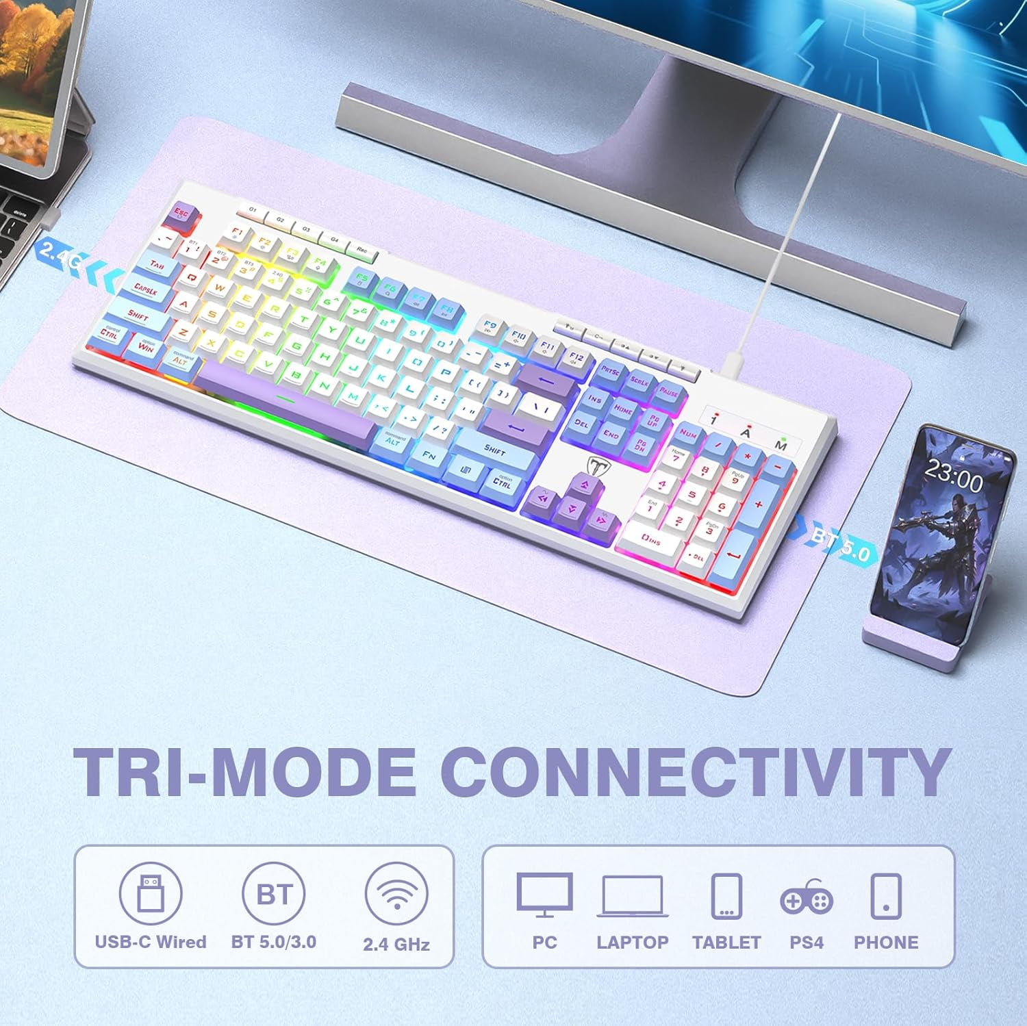 Wireless Gaming Keyboard, Tri-Mode BT5.0/2.4GHz/USB-C, RGB Light up Backlit Keyboards, Customizable Macro Keys, 26 Anti-ghosting Keys, 4000mAh Battery, Creamy Computer Keyboards