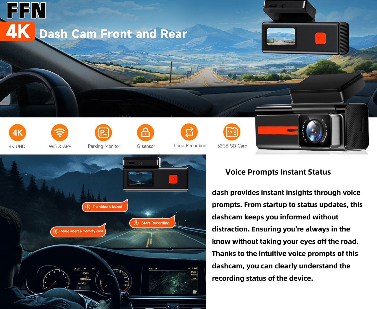 FFN 4K+1080P Dual Dash Cam with WiFi & Night Vision photo 5