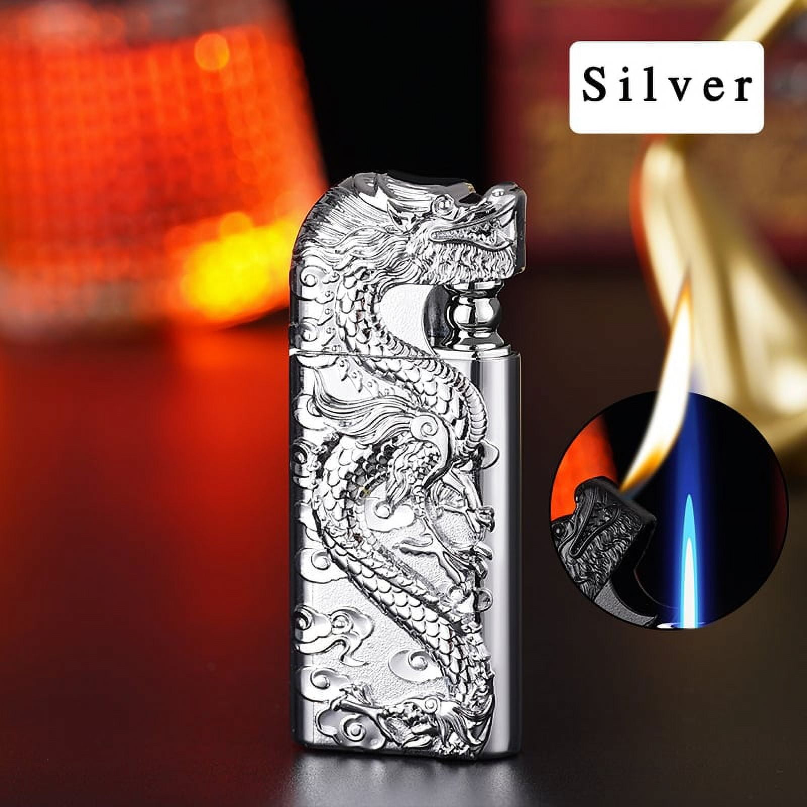 QuLuJing Cigarette Lighter, Windproof Double Flame Inflatable Lighter  Double Fire Direct Conversion Open Flame Inflatable Lighter Metal  Three-dimensional Relief Dragon Men's Lighter