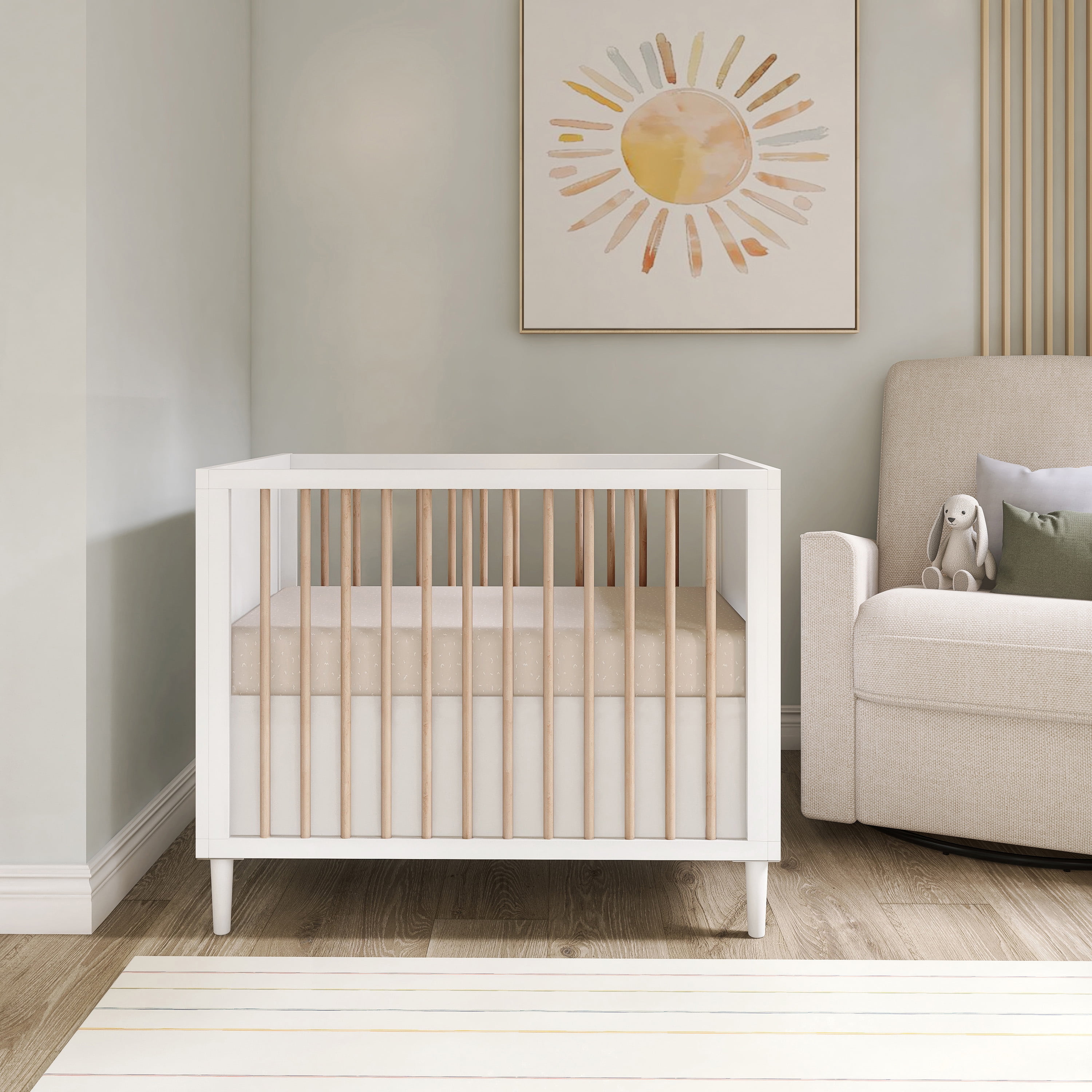 Dream On Me Lucas Mini Modern Crib With Rounded Spindles I Convertible Crib I Mid- Century Meets Modern I Portable Crib, White Vintage Oak