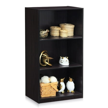 Furinno Basic Simple Sleek Wooden 3 Tier Open Bookcase Display Storage Shelf for Home Rooms and Office Organization, Dark Walnut