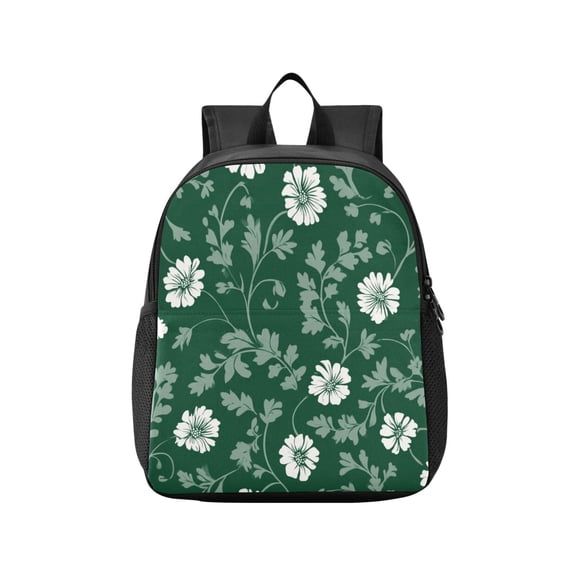 Toddler Backpack White Flowers on Green Background Waterproof Lightweight Backpack Casual Mini Daypack for Daycare & Travel