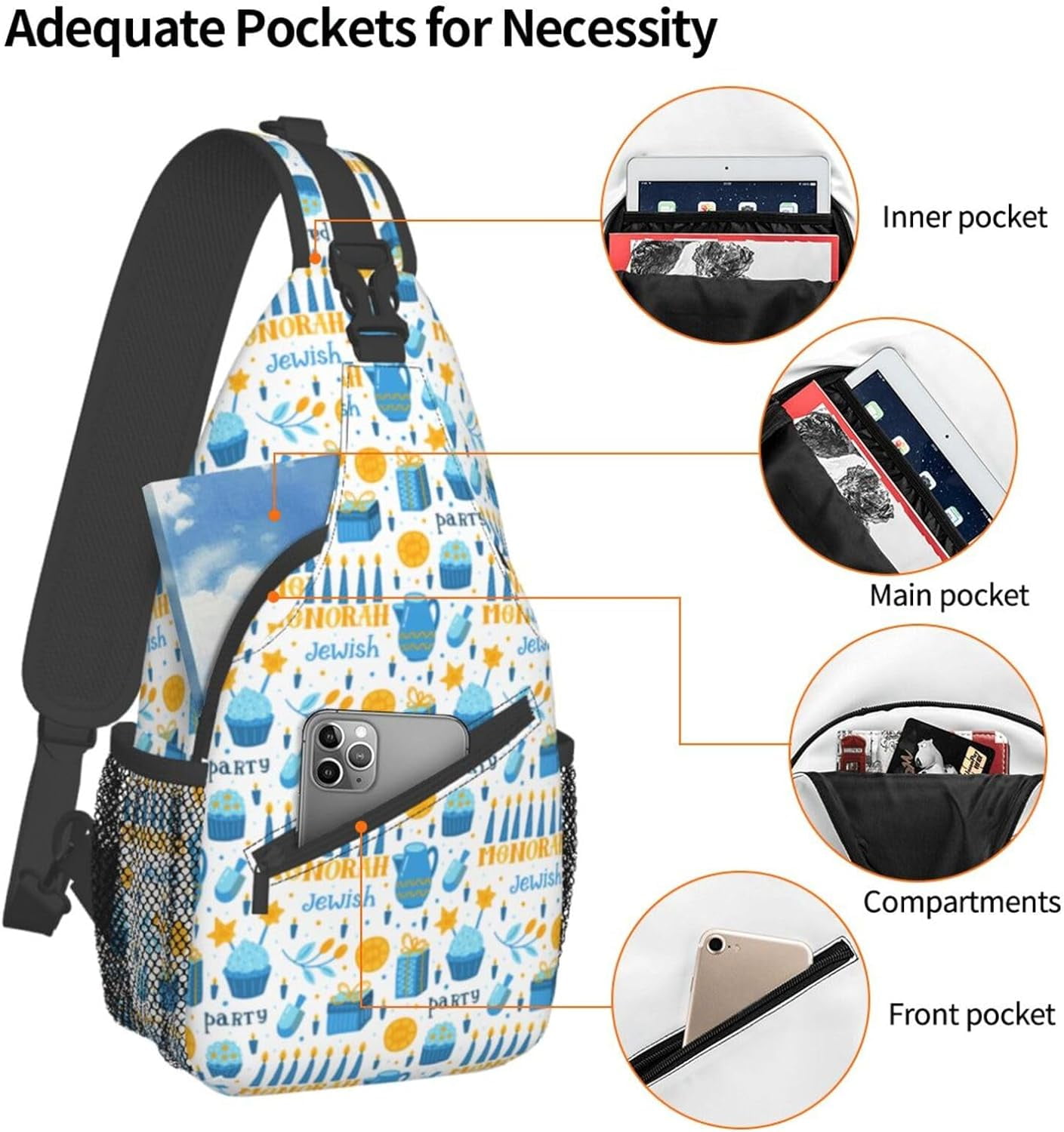 Happy Hanukkah Jewish Chanukah Holiday Sling Bag Crossbody Hiking Travel Chest Bags Backpack Shoulder Daypack for Women Men