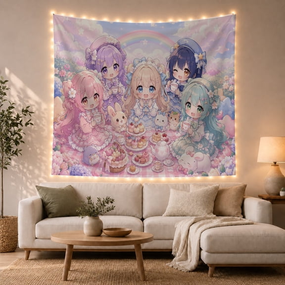 Magical Chibi Tea Party in Pastel Landscape, Whimsical Anime Style for Kawaii Lovers, Fantasy Room Decor, Birthday Gift, Tapestry Wall Hanging for Bedroom, Living Room and Dorm