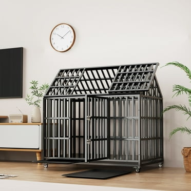 52" Heavy Duty Dog Crate Large Dog Cage with Removable Trays and Dual-Door Design, Metal Dog Kennels and Crates for Large Dogs with 4 Lockable Wheels, Black