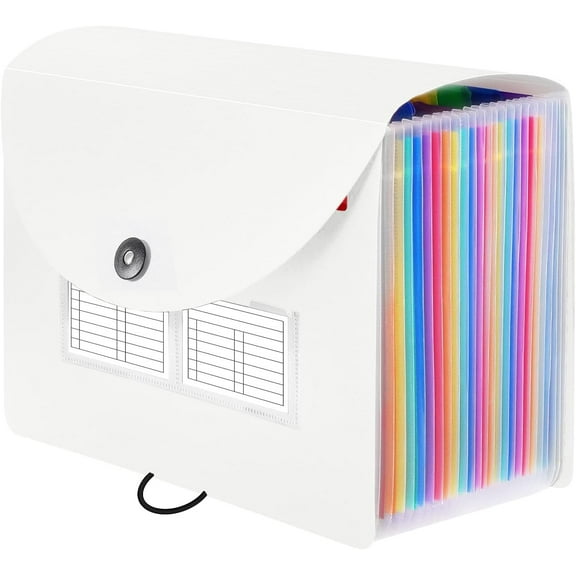 24 Pockets Expanding File Folder with Blank Labels, According File Organizer with Expandable Cover, Desktop Accordion Folders Letter A4 Paper Document Storage Organizer, White