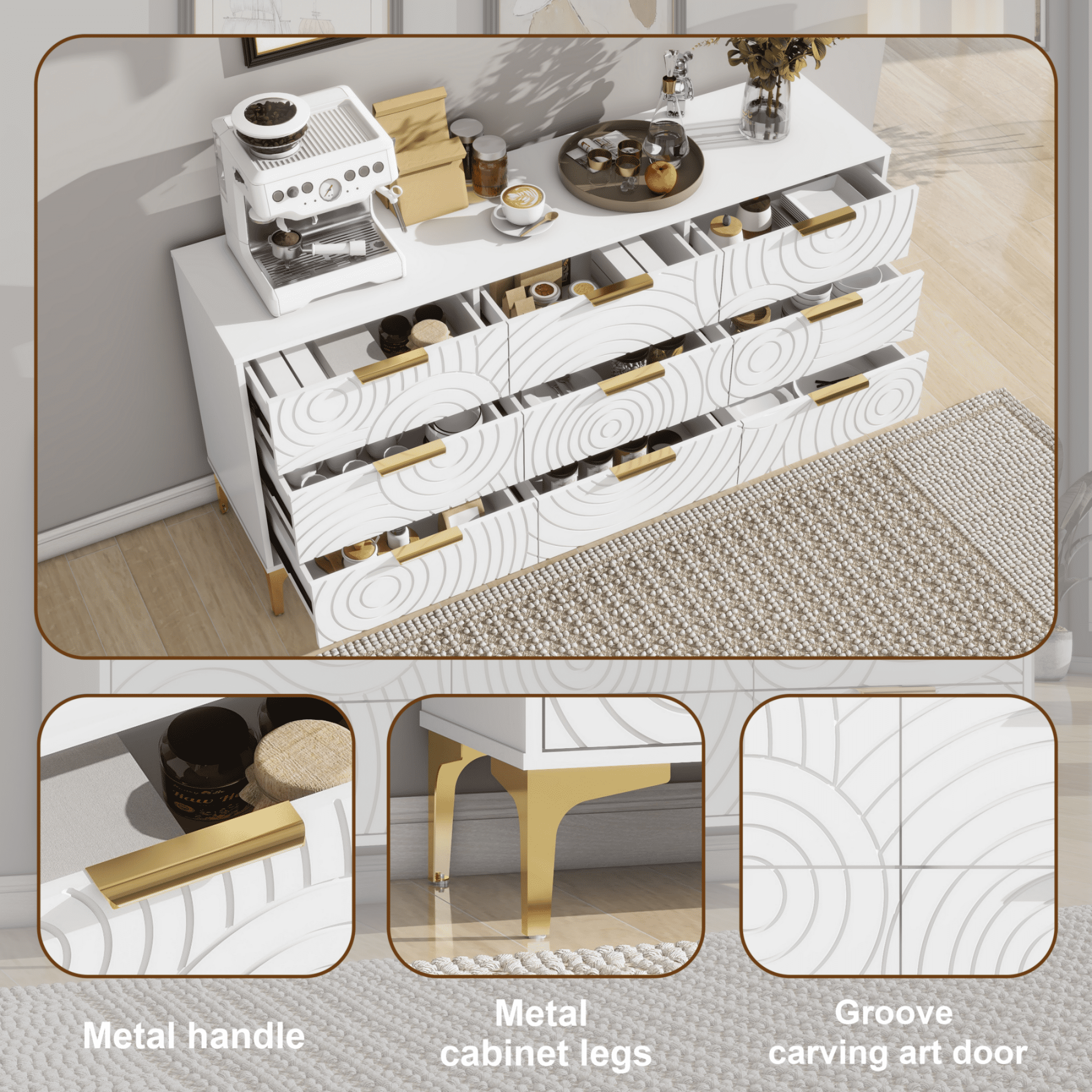 Modern 9 Drawer Dresser 62.9 Inch Wide Chest of Drawers with Elegant Scroll Pattern for Bedroom Living Room or Hallway White