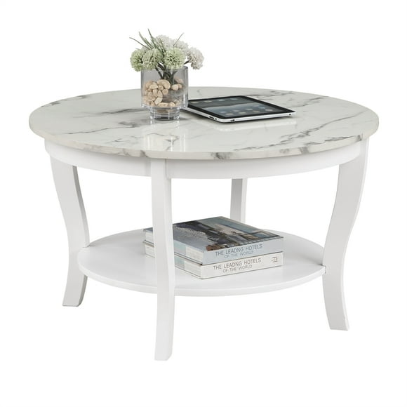 American Heritage Round Coffee Table with Shelf in White Wood and Faux Marble