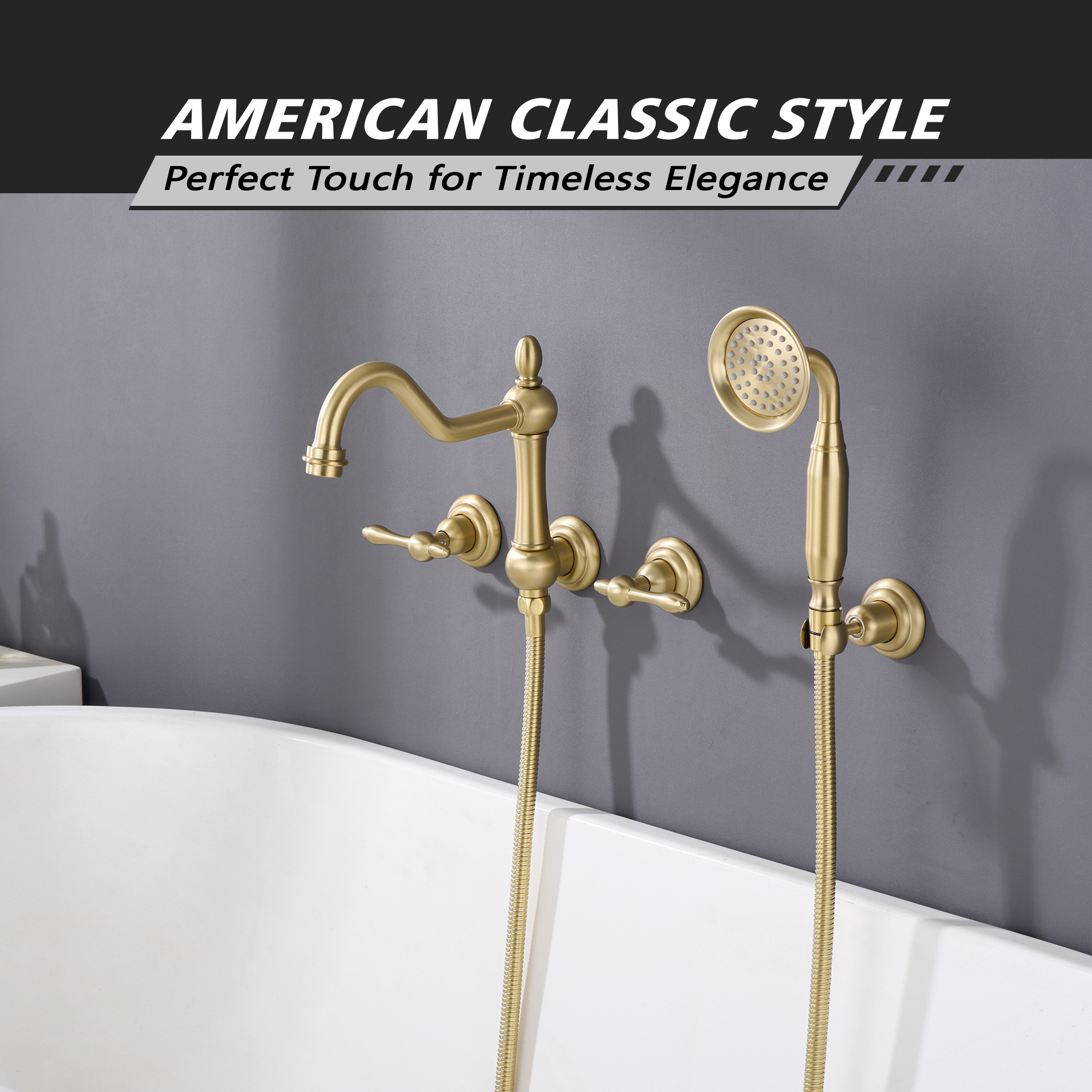 SUMERAIN Brushed Gold Wall Mount Tub Faucet with Hand Shower, Traditional Bathtub Faucet Set Including Rough-in Valve