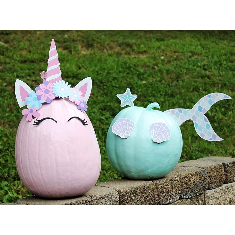Decorae Halloween Pumpkin Decorating Kit - Unicorn & Mermaid Theme, 13 Reusable Metal Pieces, No-Carve Accessories For Real Or Foam Pumpkins