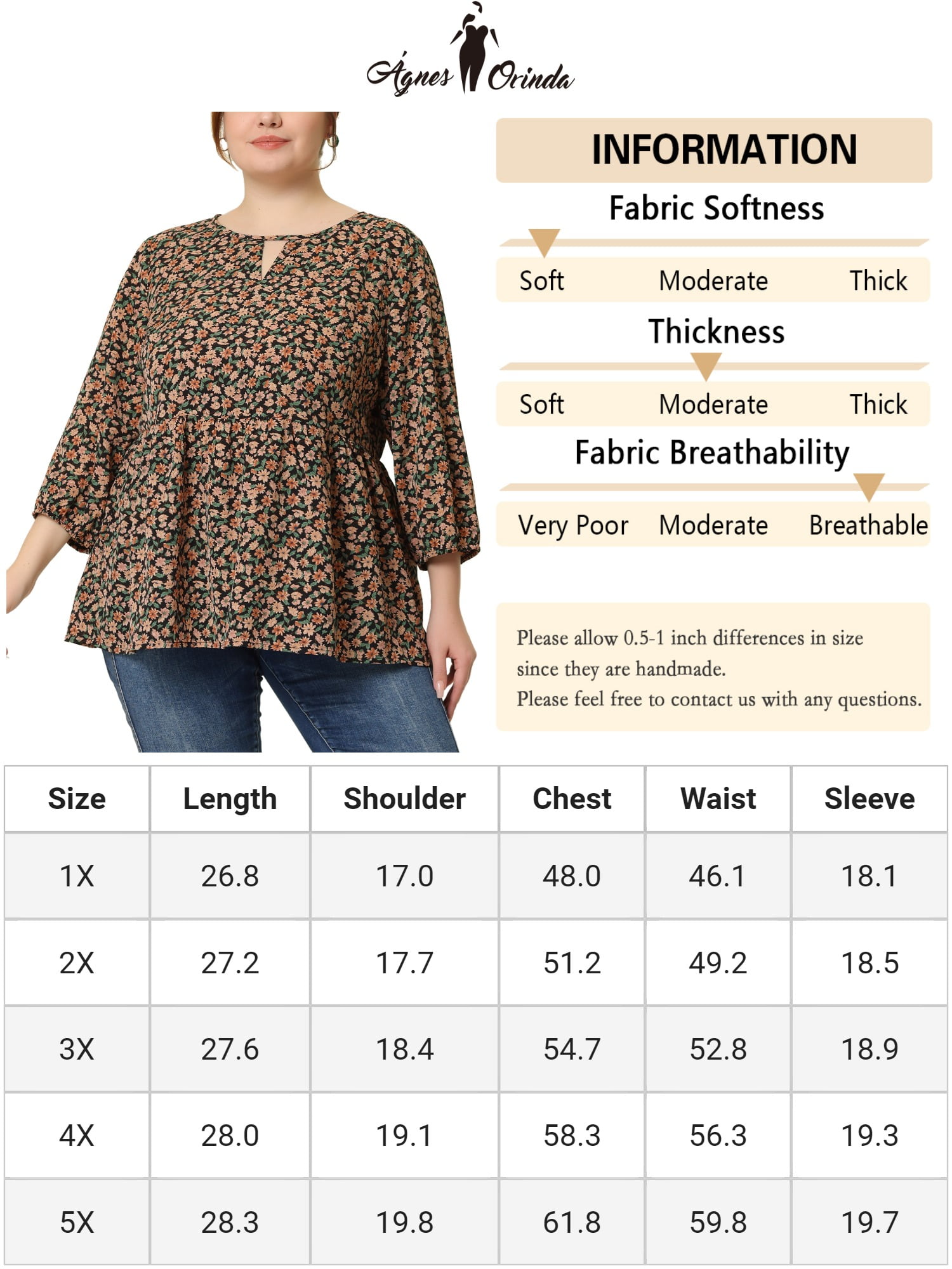 Unique Bargains Women's Plus Size 3/4 Sleeves Chiffon Keyhole Floral Tops 4X Black Beige