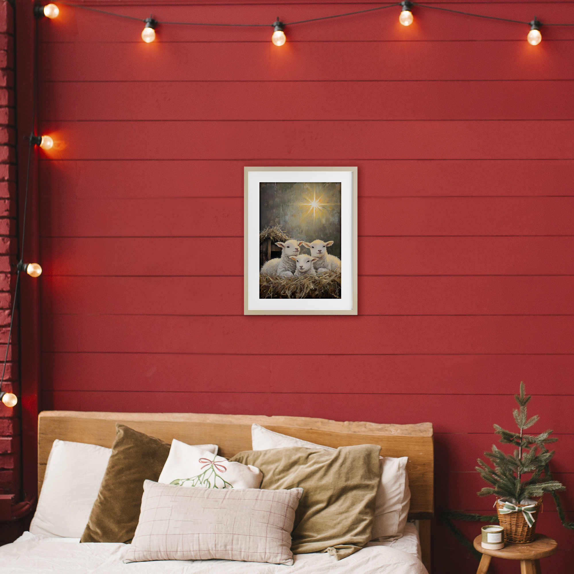 Festive Lambs in Stable Birch Framed Print Under Glass, design by Petal Prints Design
