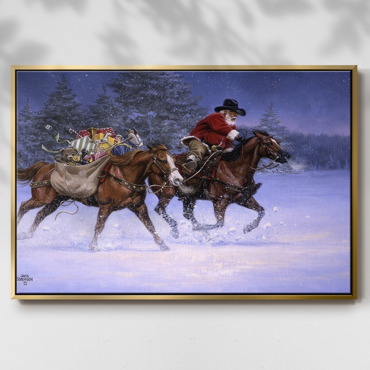 Christmas Rush - Framed Gallery Wrapped Holiday Canvas - 27 x 41 - Gold Frame