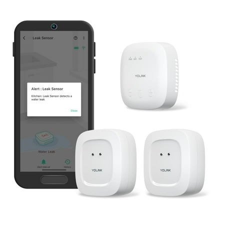 YoLink SpeakerHub & Two Water Leak Sensors Smart Home Starter Kit – Audio Hub Plays Tones/Sounds Spoken Messages LoRa-Powered ¼ Mile Range Compatible with Alexa Google IFTTT WiFi Required