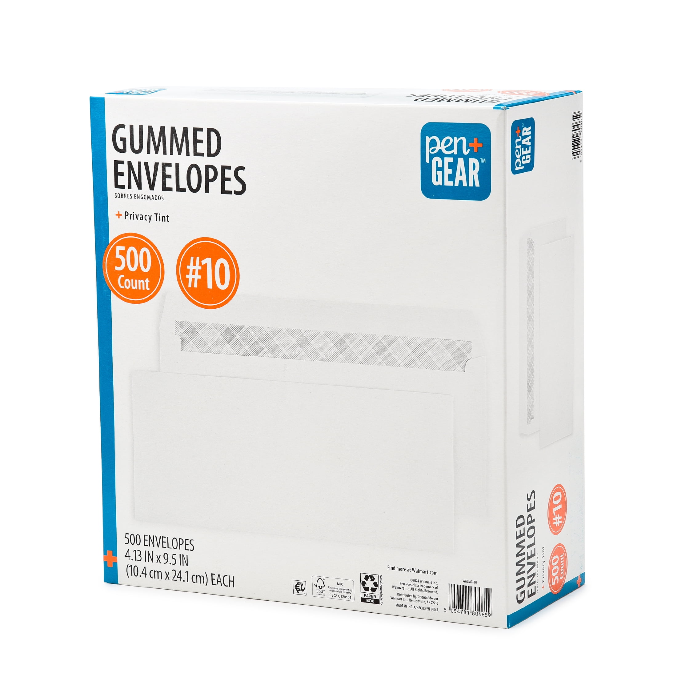 Pen+Gear #10 Privacy Tint Gummed Envelopes, White, 4.13" x 9.5", 500 Count