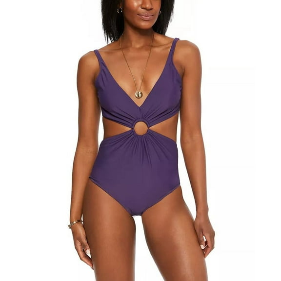 BAR III Women's Purple Stretch Ring Adjustable Tie Cutout Deep V Neck Moderate Coverage Monokini Swimsuit XS