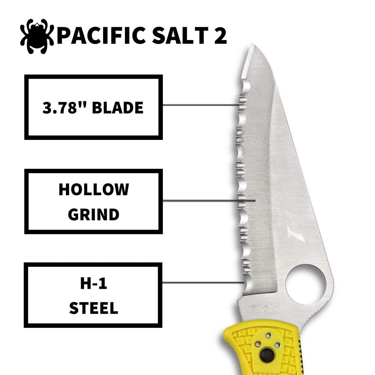 Spyderco Pacific Salt 2 Folding Knife 3.78" H2 Satin Serrated Blade, Yellow FRN Handles, Lockback - C91SYL2