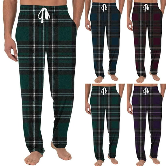 ZRGHAOYLQ Plaid Pajama Pants Men Elastic Drawstring Waist Pants Light Weight Lounge Sleep Pants with Pockets Loose Straight Leg Homewear Sleepwear