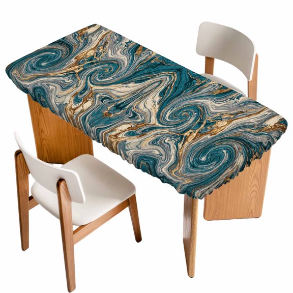 Swirling Waves Fitted Rectangle Tablecloth 24" x 50" Abstract Vintage Gold Green Liquid Streaks Ripple Elastic Table Cloth Fits for 4 Foot Folding Tables Waterproof Table Cover for Picnic Camping