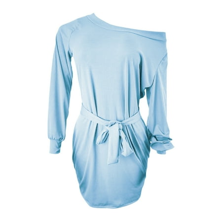 Spentoper 2023 Spring And Autumn New Ladies Dress Casual Comfort Fashion Pure Color Slim Long Sleeve Bag Buttocks Off Shoulder Dress Blue 2XL