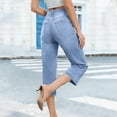 thumbnail image 6 of Capri Jeans for Women Elastic High Waist Relaxed Fit Washed Blue Wide Straight Leg Denim Capris with Pockets Cropped Jeans, 6 of 9