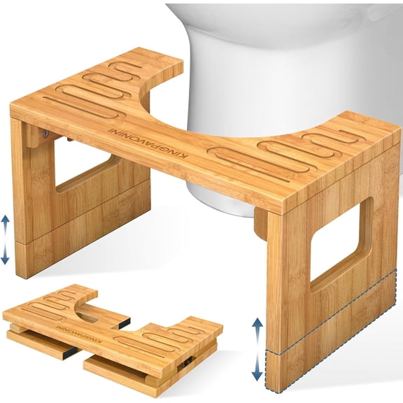 Bamboo Toilet Stool Squat 7in & 9in Adjustable Heights, Foldable Potty Stool for Adults with Non-Slip Layer to Improve Bathroom Posture and Comfort, 400 lbs Capacity