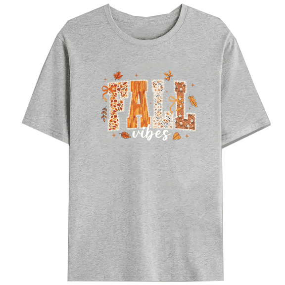 Women’s Fall Graphic T-Shirt, Autumn Vibes Letter Print, Cotton Short Sleeve, S-4XL