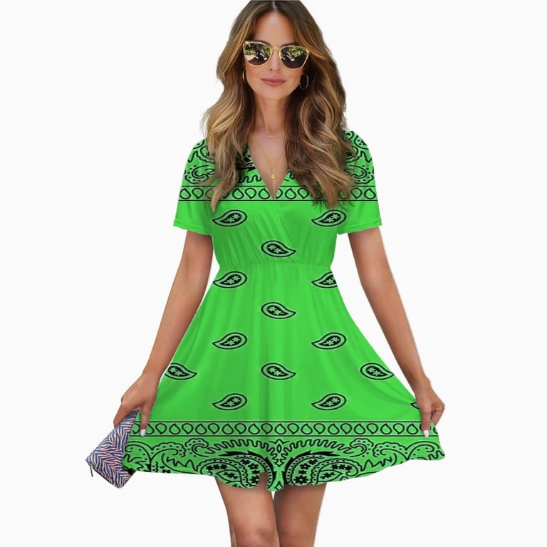 TYFDALT25 Green Paisley Bandana Pattern Women Dress V-Neck Short Sleeve Flowy Swing Party Midi Dress, Women's, Size: Medium