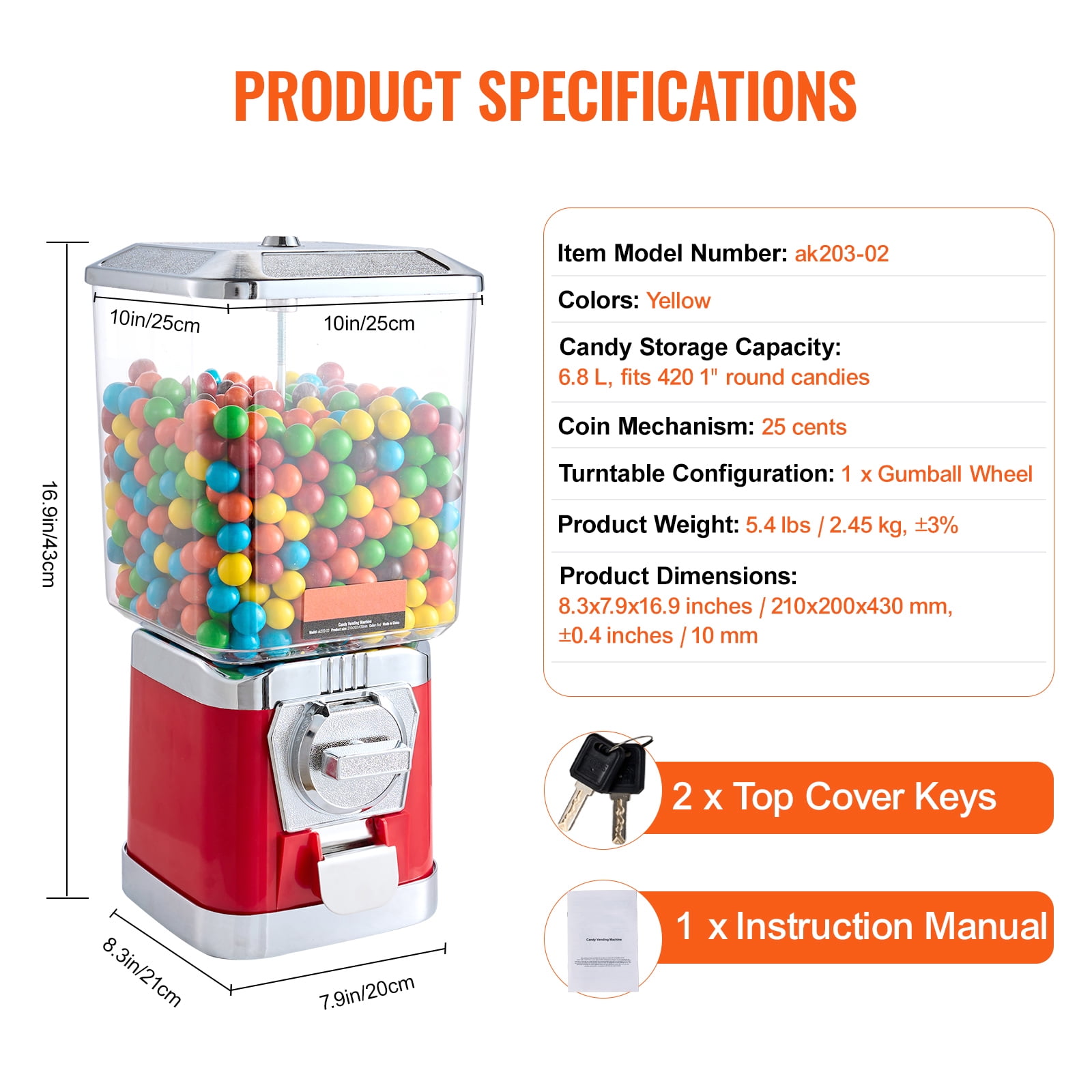 KFFKFF 17" Tall Gumball Machine for Kids, Coin-Operated Candy Dispenser, Durable PC Bubble Gum Vending Machine for Toys, Capsules, Bouncy Balls, and Sweets, Red