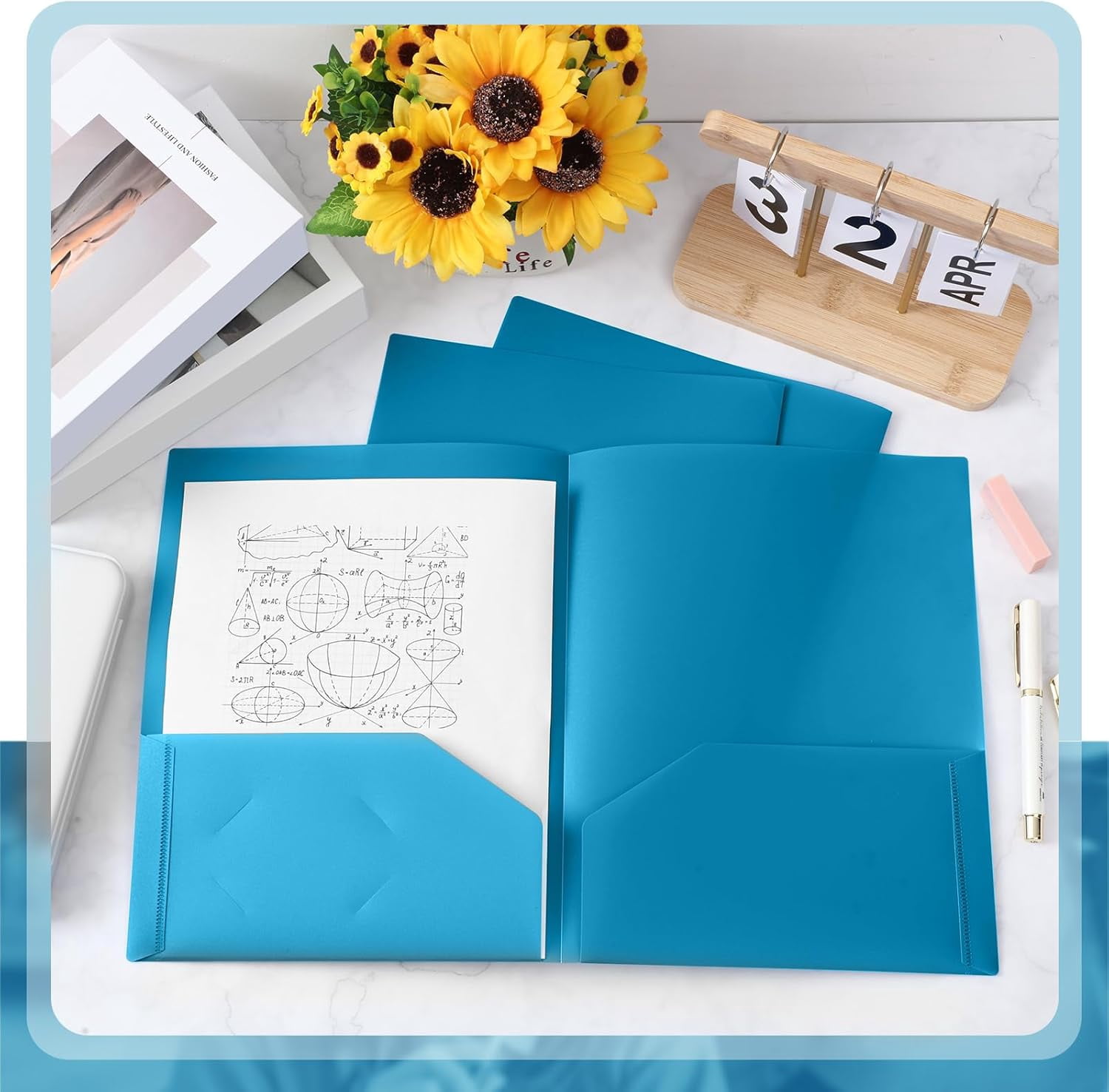 Heavy Duty Two Pocket Plastic Folders with Pockets, Letter Size School Office Folders, 11.61 x 9.45 Inches, Business Card Holder, Blue, 50 Pack