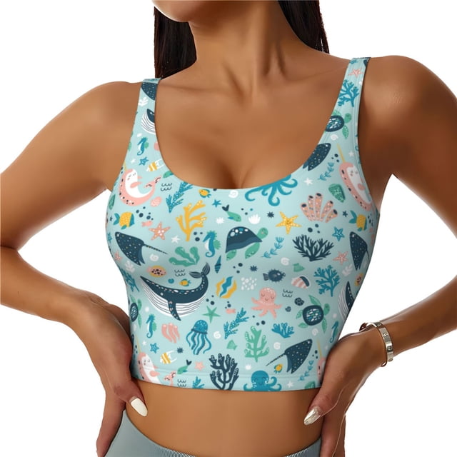 Fotbe Sea Animal Sujetador Deportivo Largo sin Aros para Mujer con Almohadillas y Soporte Medio, Transpirable y Absorbente, Camiseta Tipo Chaleco o Tank Top-XX-Large