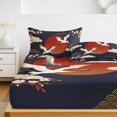thumbnail image 6 of Full Size Fitted Sheet Set - Japanese Style 3 Piece Bedding Sets 16" Deep Pocket Fitted Sheet with 2 Pillowcases Modern Cranes Cherry Flower Wave Red Blue Brushed Microfiber Hotel Luxury Bed Sheets, 6 of 9