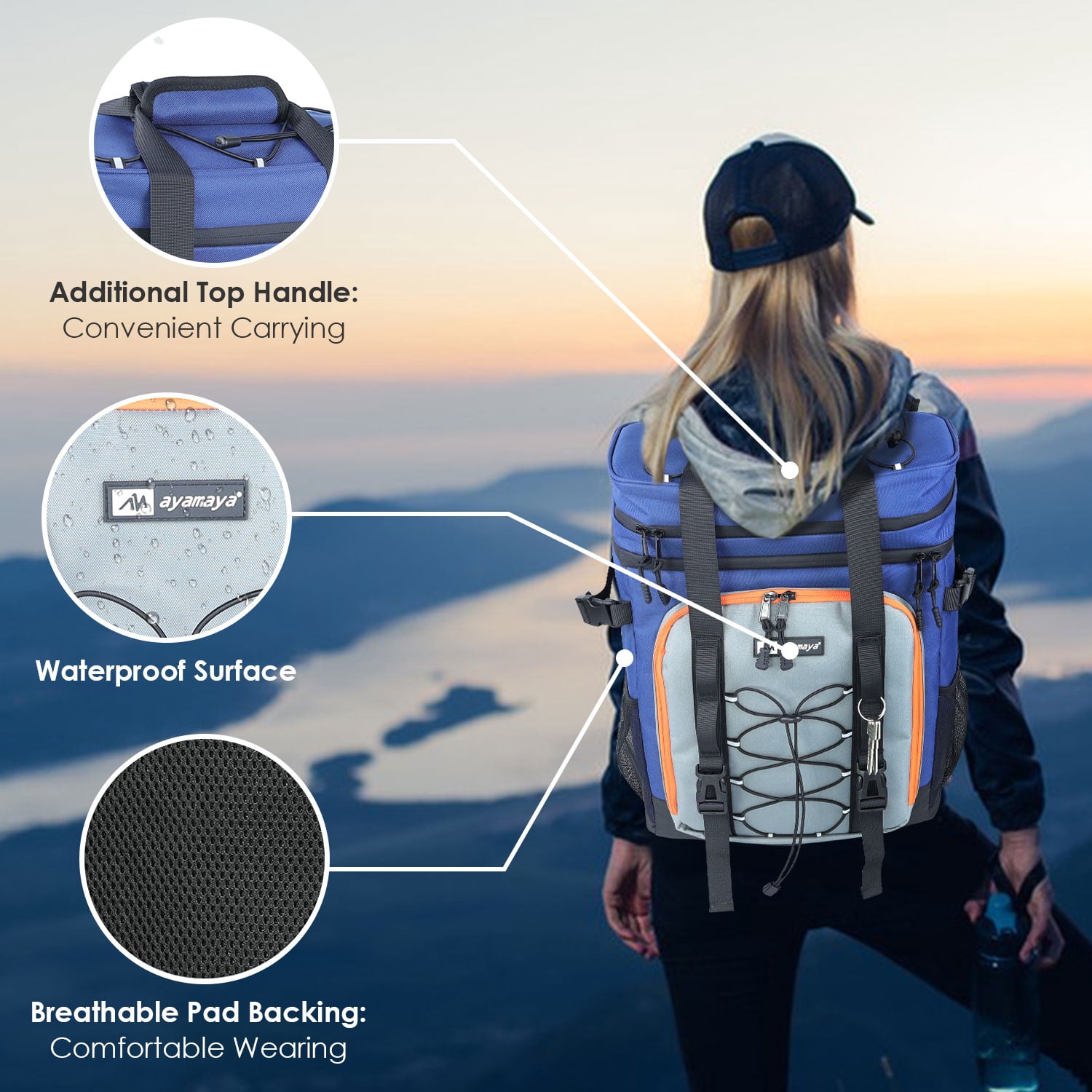 Cooler Backpack, 40 Cans Leakproof Insulated Travel Cooler with Padded Top Handle & Mesh Pocket for Camping Travel Beach Picnics (Blue)
