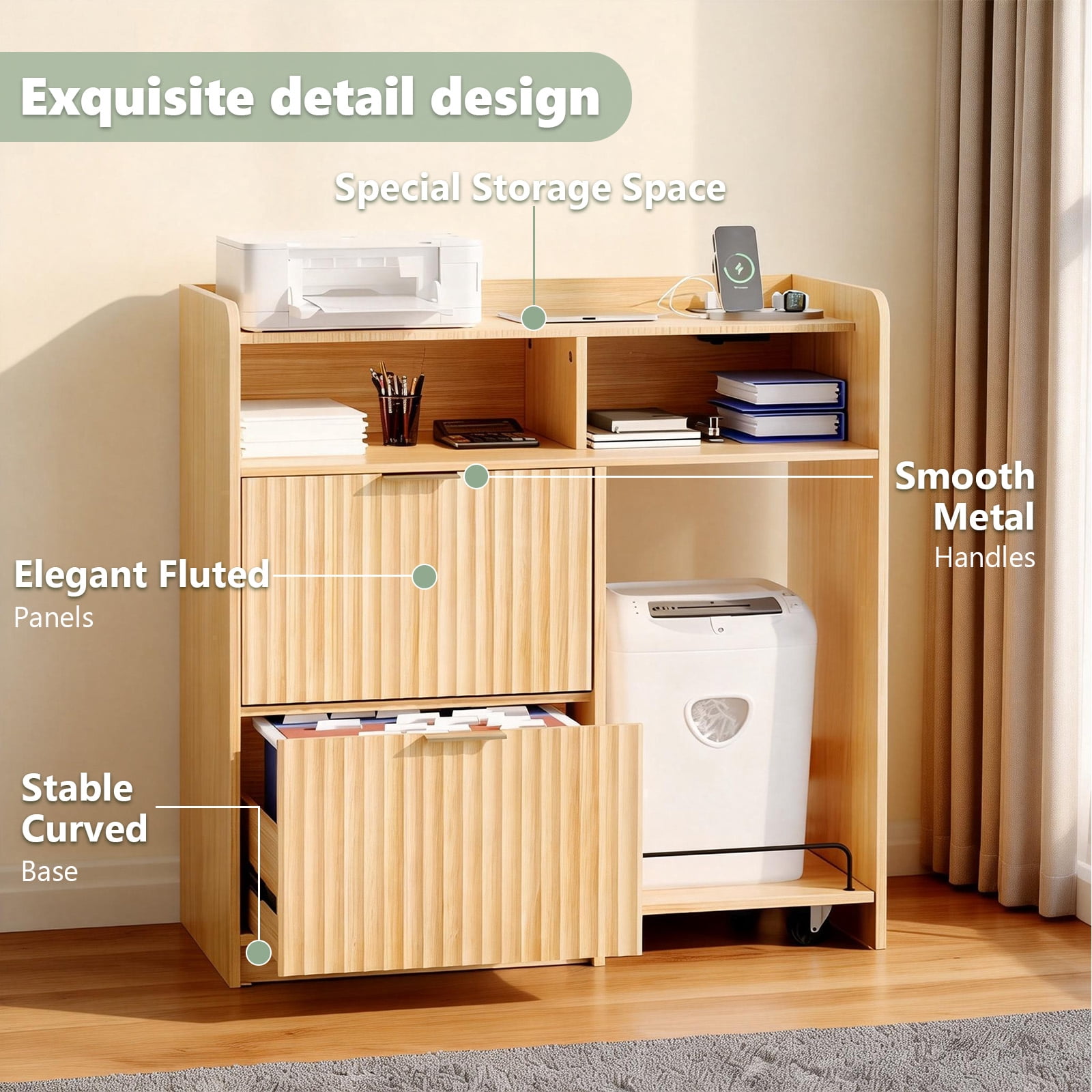 Ktaxon Wood 2 Drawer File Cabinet with Cart Charging Station Dresser Office Cabinet, Wide Printer Paper Shredder Stand with Storage Shelves for Home Office Study