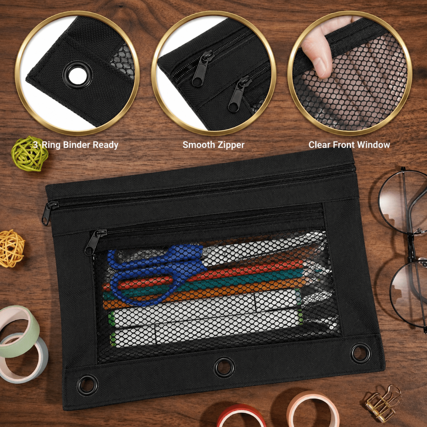 School Supply Boxes | 3 Ring Pencil Bag / Binder Pouch  | 96 Pack | Various Colors (Red, Blue, Green Yellow, or Black)