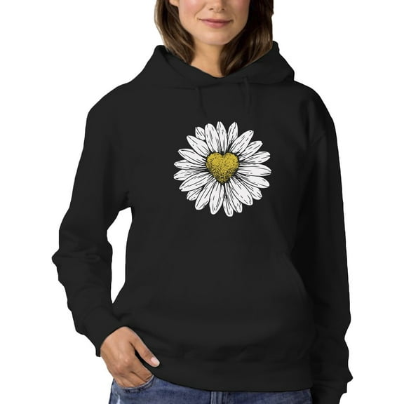 Smartprints Womens Graphic Hoodie Black - Heart Daisy Cotton Blend Classic Fit