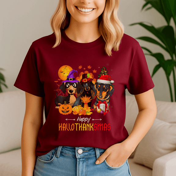 Dachshund Dog, Happy Hallothanksmas Tshirt, Halloween Thanksgiving Christmas Shirt, Holiday Season Tee, Turkey Gift, Vintage Ghost ,Merry Christmas