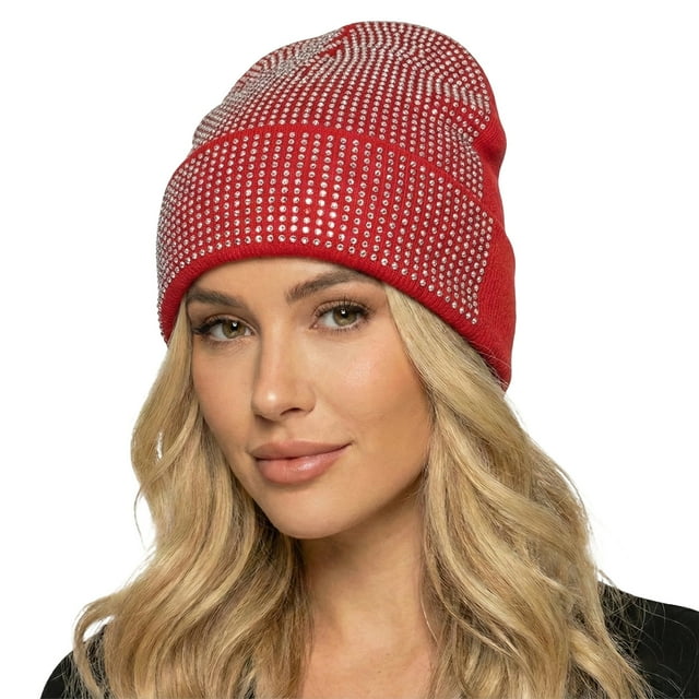 GDREDA Rhinestone Winter Knitted Hat Warm Sparkling Elegant For Women Men Cold Weather Red,One Size